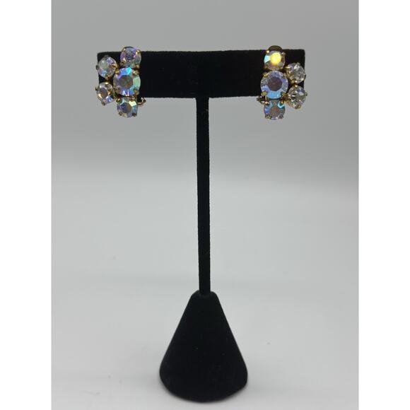 Vintage Open Back Aurora Borealis Rhinestone Clip On Earrings Gold Tone Brass - Picture 1 of 4